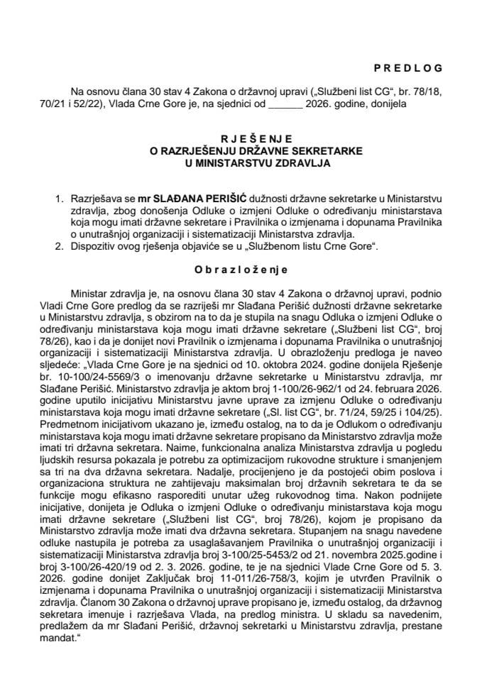 Predlog za razrješenje državne sekretarke u Ministarstvu zdravlja