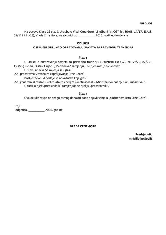 Predlog odluke o izmjeni Odluke o obrazovanju Savjeta za pravednu tranziciju