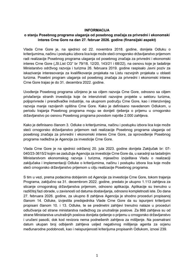 Informacija o stanju Posebnog programa ulaganja od posebnog značaja za privredni i ekonomski interes Crne Gore na dan 27. februar 2026. godine (finansijski aspekt)