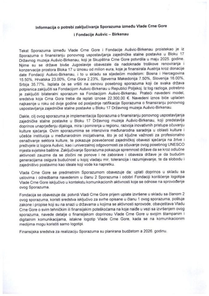 Informacija o potrebi zaključivanja Sporazuma između Vlade Crne Gore i Fondacije Aušvic-Birkenau s Predlogom sporazuma