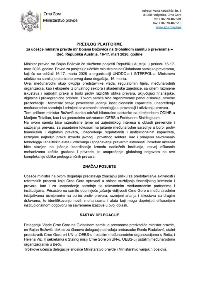 Predlog platforme za učešće ministra pravde mr Bojana Božovića na Globalnom samitu o prevarama - Beč, Republika Austrija, 16-17. mart 2026. godine