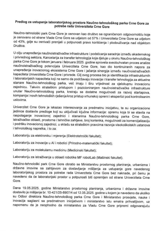 Predlog za ustupanje laboratorijskog prostora Naučno-tehnološkog parka Crne Gore za potrebe rada Univerziteta Crne Gore