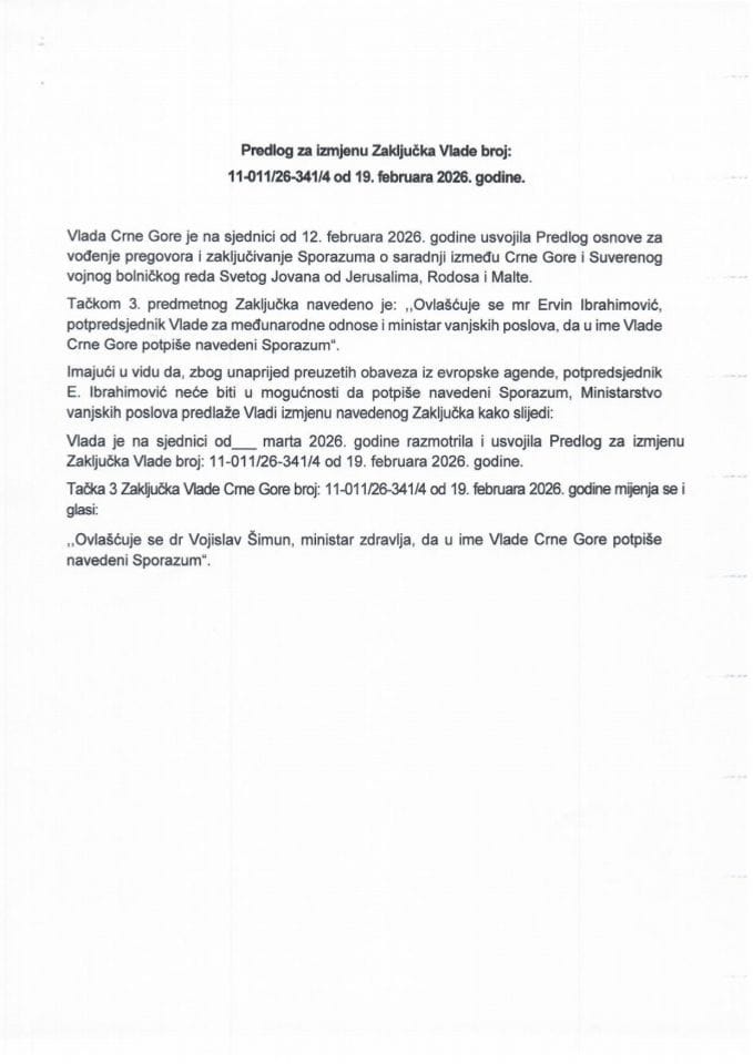 Predlog za izmjenu Zaključka Vlade Crne Gore, broj: 11-011/26-341/4, od 19. februara 2026. godine
