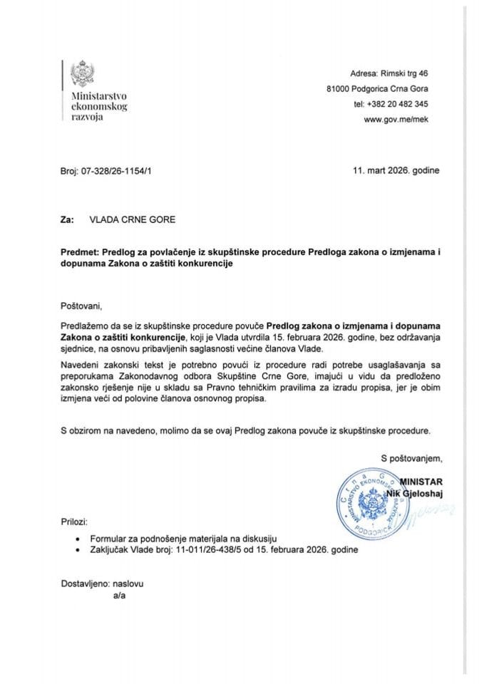 Predlog za povlačenje iz skupštinske procedure Predloga zakona o izmjenama i dopunama Zakona o zaštiti konkurencije