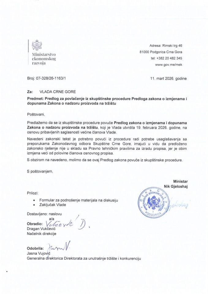 Predlog za povlačenje iz skupštinske procedure Predloga zakona o izmjenama i dopunama Zakona o nadzoru proizvoda na tržištu