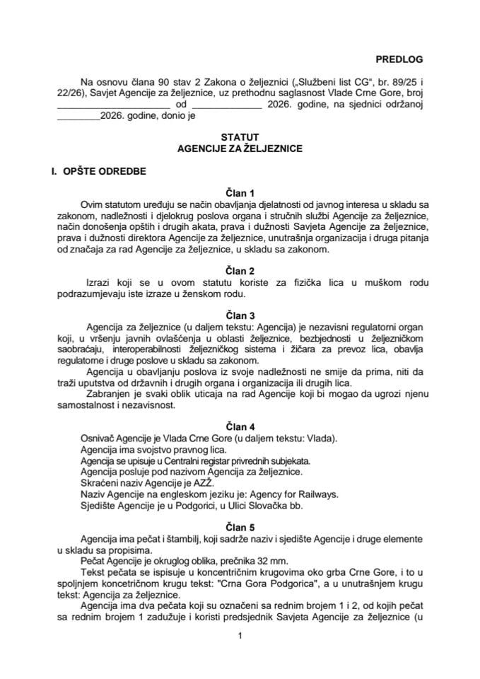 Predlog statuta Agencije za željeznice