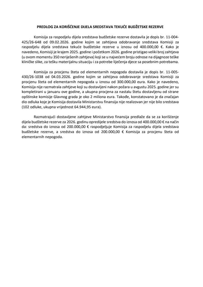 Predlog za korišćenje dijela sredstava Tekuće budžetske rezerve