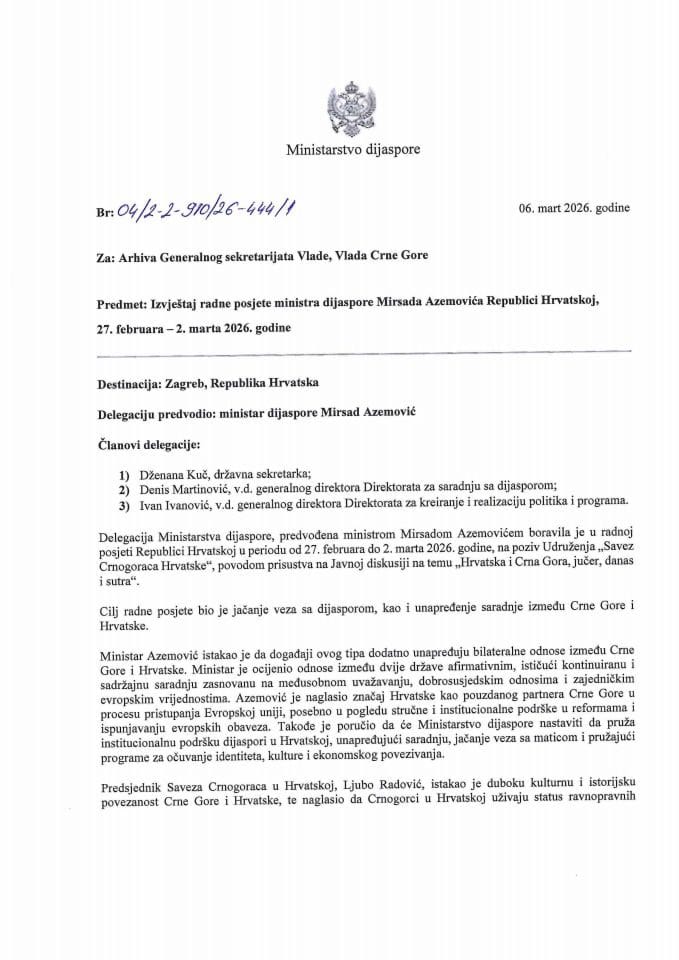 Izvještaj sa radne posjete ministra dijaspore Mirsada Azemovića Republici Hrvatskoj, 27. februara - 2. marta 2026. godine