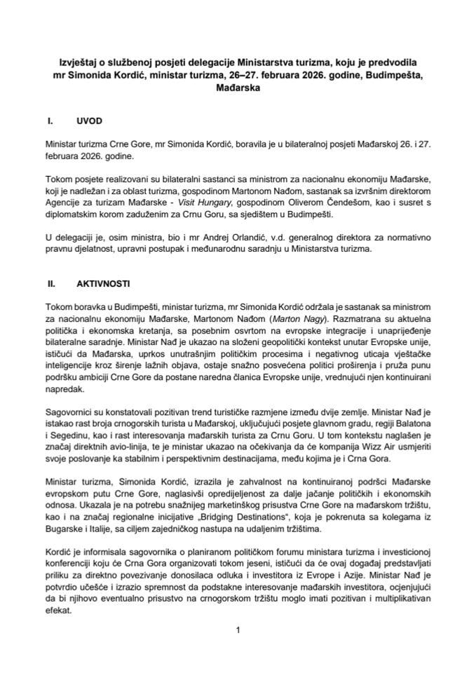 Izvještaj o službenoj posjeti delegacije Ministarstva turizma, koju je predvodila mr Simonida Kordić, ministarka turizma, 26 - 27. februara 2026. godine, Budimpešta, Mađarska