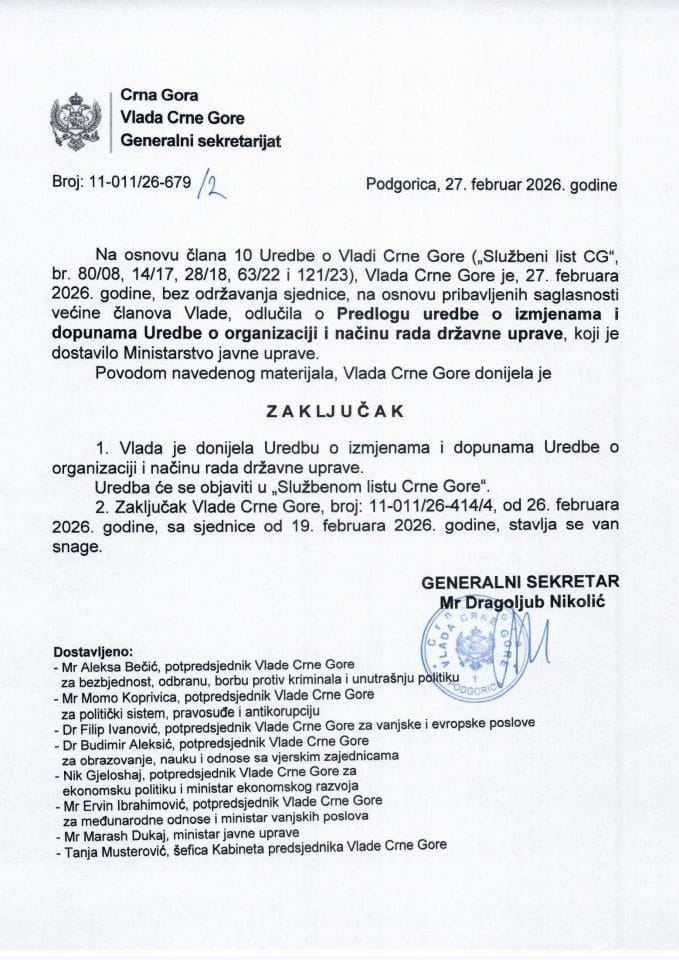 Predlog uredbe o izmjenama i dopunama Uredbe o organizaciji i načinu rada državne uprave - Zaključci