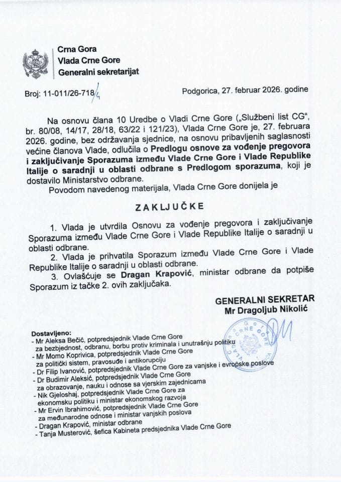 Predlog osnove za vođenje pregovora i zaključivanje Sporazuma između Vlade Crne Gore i Vlade Republike Italije o saradnji u oblasti odbrane s Predlogom sporazuma - Zaključci