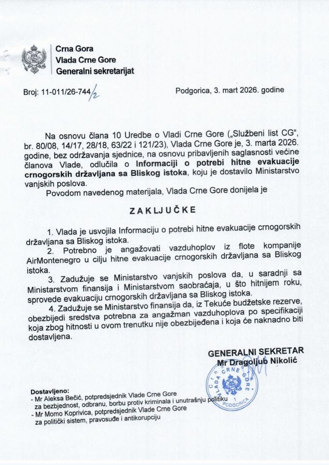 Informacija o potrebi hitne evakuacuje crnogorskih državljana sa Bliskog istoka - Zaključci