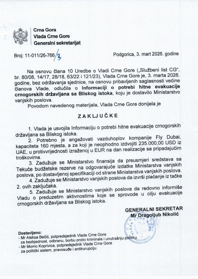 Informacija o potrebi hitne evakuacuje crnogorskih državljana sa Bliskog istoka - Zaključci