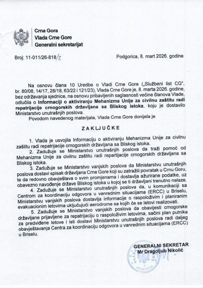 Informacija o aktiviranju Mehanizma Unije za civilnu zastitu radi repatrijacije crnogorskih drzavljana sa Bliskog istoka - Zaključci