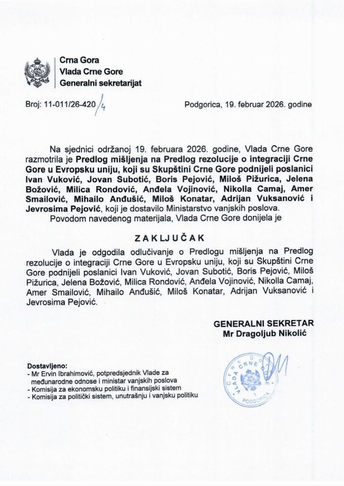 Predlog mišljenja na Predlog rezolucije o integraciji Crne Gore u Evropsku uniju - ODGOĐENO ODLUČIVANJE - Zaključci