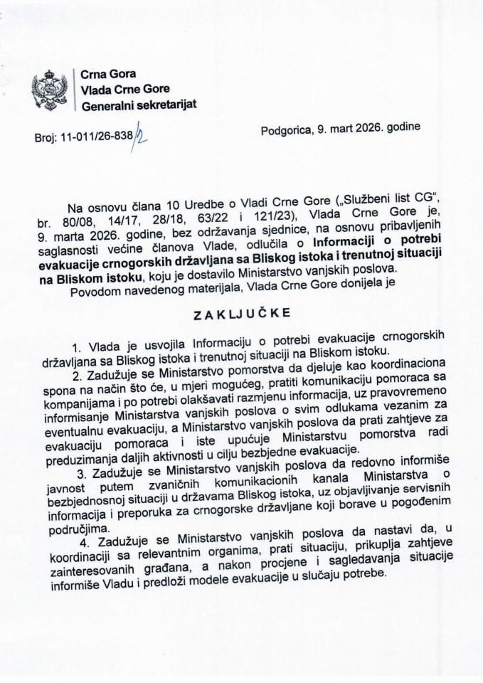 Informacija o potrebi evakuacije crnogorskih državljana sa Bliskog istoka i trenutnoj situaciji na Bliskom istoku - Zaključci