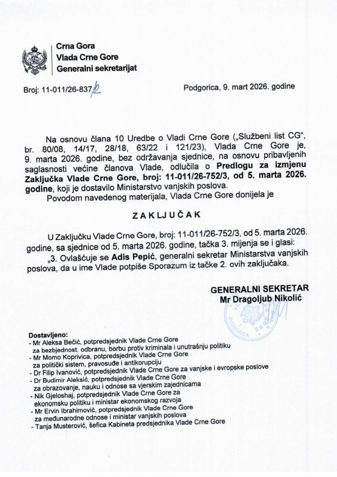 Predlog za izmjenu Zaključka Vlade Crne Gore, broj: 11-011/26-752/3, od 5. marta 2026. godine - Zaključci