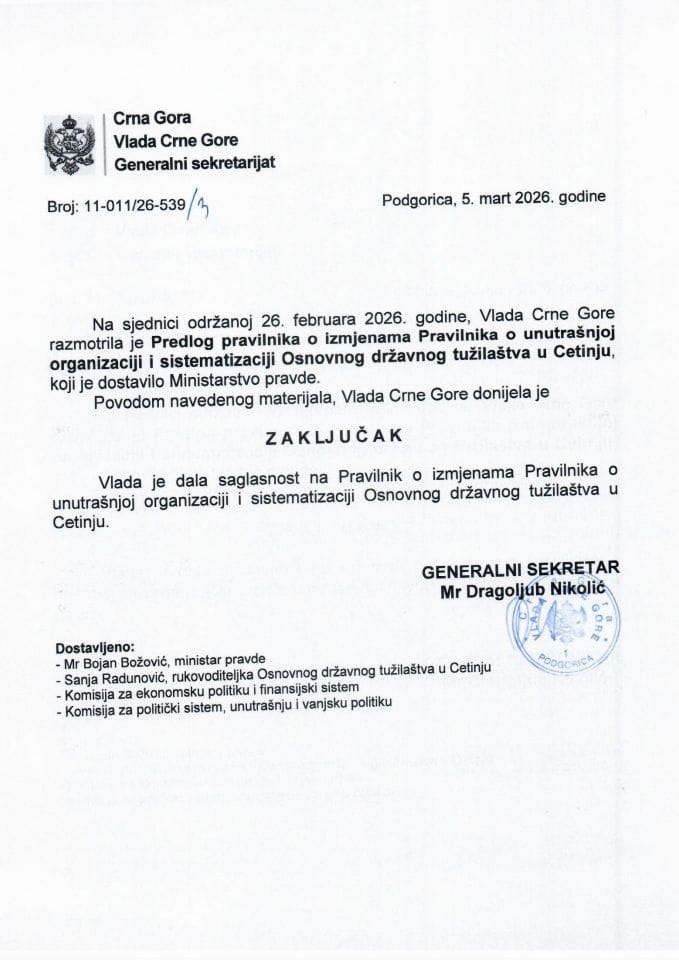 Предлог правилника о измјенама Правилника о унутрашњој организацији и систематизацији Основног државног тужилаштва у Цетињу - Закључци