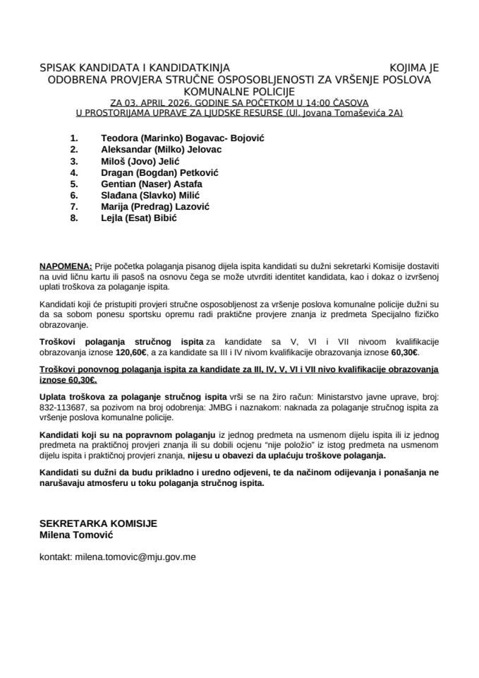 Списак кандидата - 3. април  2026.- комунални полицајци