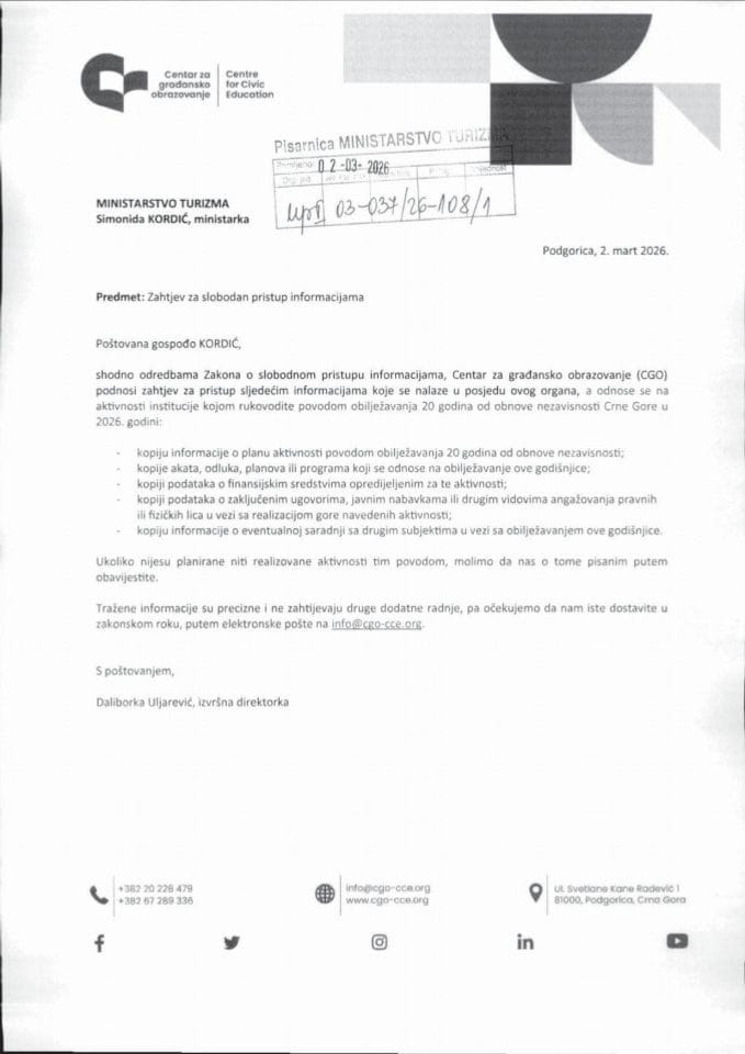 Zahtjev - Slobodan pristup informacijama - UPI 03-037-26-108-1 – Centar za građansko obrazovanje