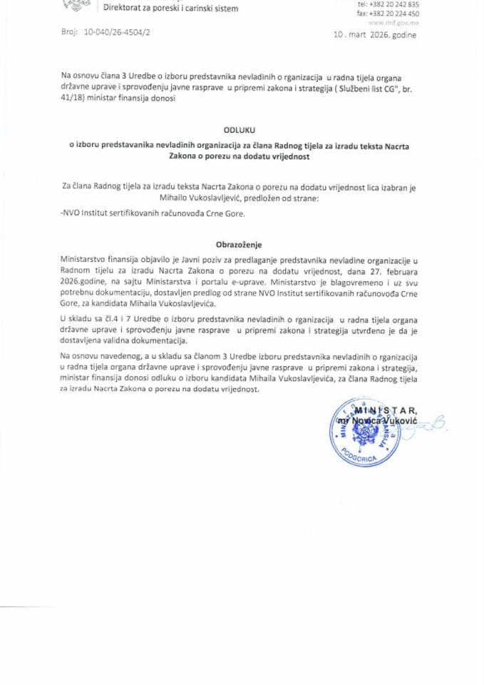 Odluka o izboru predstavnika nevladinih organizacija za člana Radnog tijela za izradu teksta Nacrta Zakona o porezu na dodatu vrijednost
