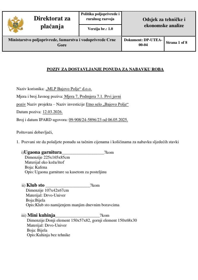 Позив за достављање понуда за набавку роба-Етно село Бајово Поље (1)