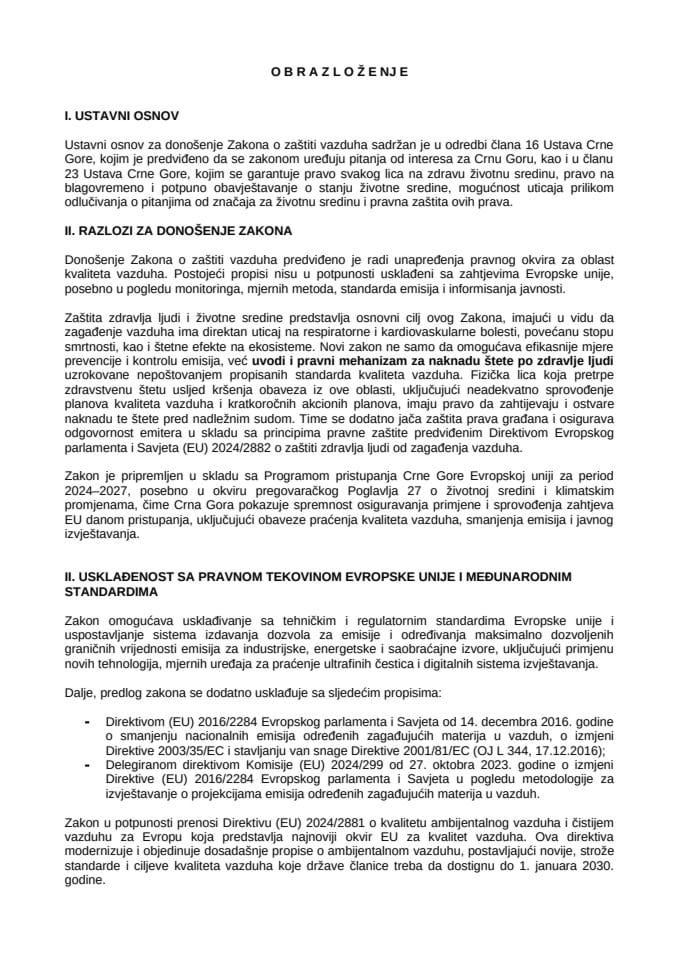 Obrazloženje Predlog zakona o zaštiti vazduha