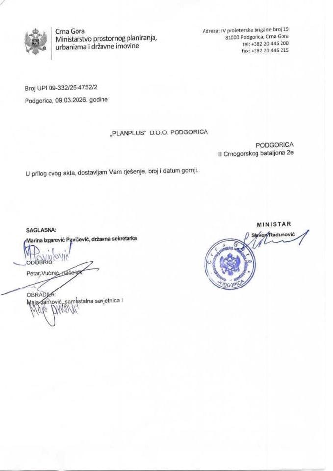 Licence projektanata i izvođača radova - UPI_09_332_25_4752_2 PLANPLUS DOO PODGORICA