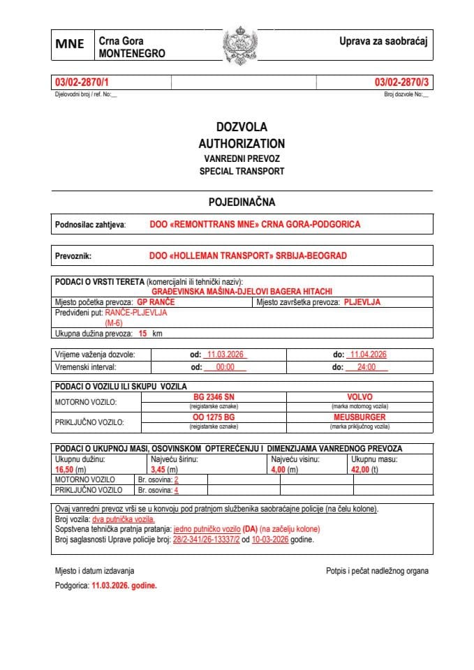 REMONTTRANS MNE 03-02-2870-HOLLEMAN TRANSPORT