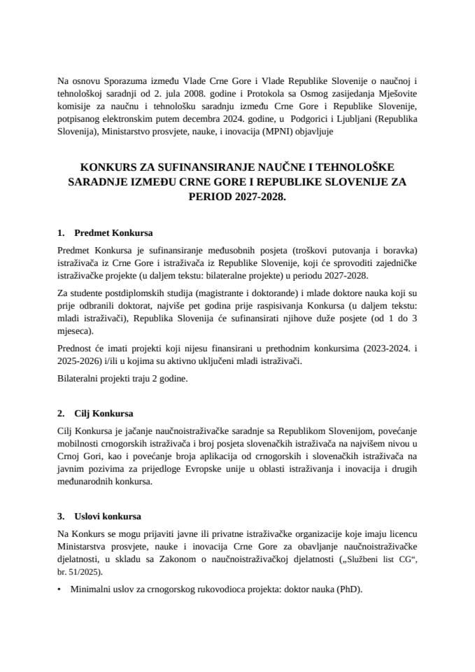 Konkurs za sufinansiranje naučne i tehnološke saradnje između Crne Gore i Republike Slovenije za period 2027-2028