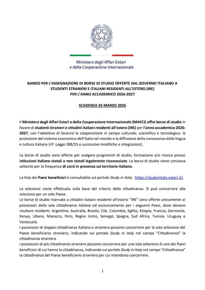 Текст конкурса Владе Републике Италије за стипендирање у 2026/2027. години на италијанском језику