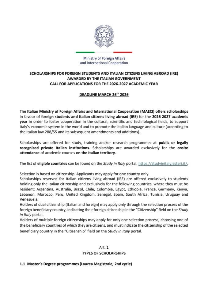 Текст конкурса Владе Републике Италије за стипендирање у 2026/2027. години на енглеском језику