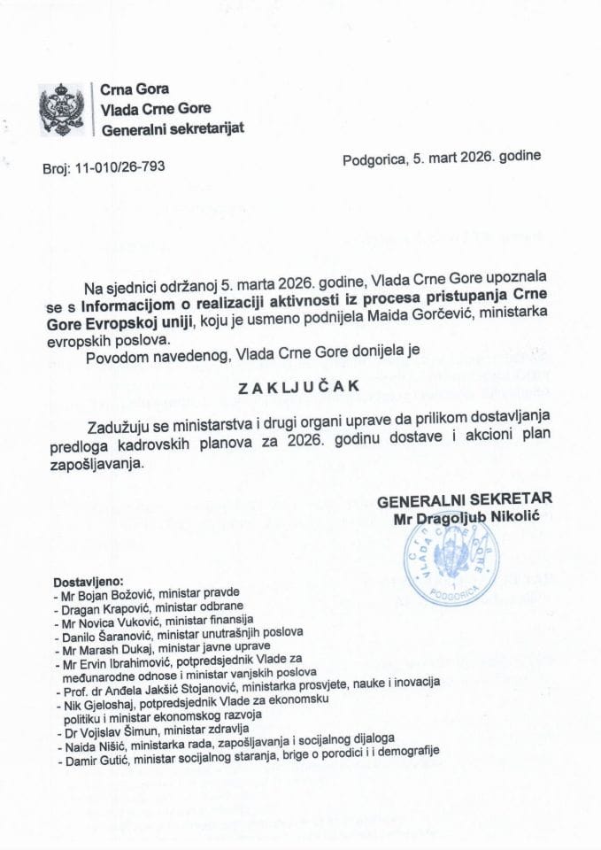 Usmena informacija o realizaciji aktivnosti iz procesa pristupanja Crne Gore Evropskoj uniji - zaključci