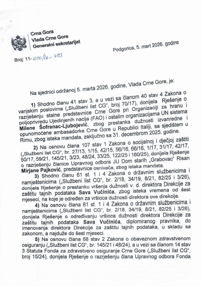 Kadrovska pitanja sa 116. sjednice Vlade Crne gore - zaključci