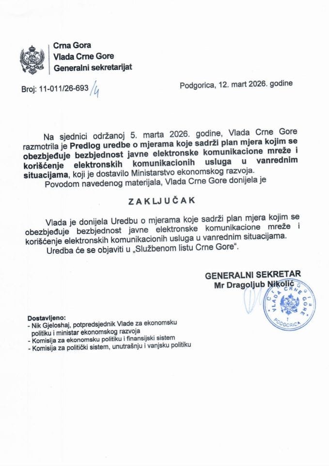 Predlog uredbe o mjerama koje sadrži plan mjera kojim se obezbjeđuje bezbjednost javne elektronske komunikacione mreže i korišćenje elektronskih komunikacionih usluga u vanrednim situacijama - zaključci
