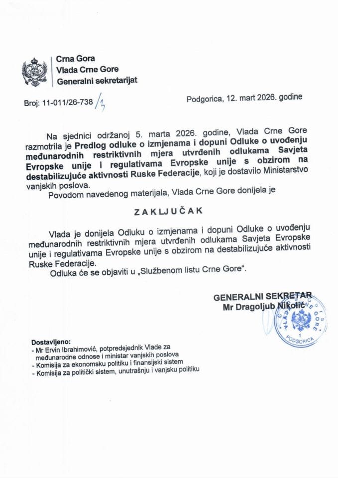 Predlog odluke o izmjenama i dopuni Odluke o uvođenju međunarodnih restriktivnih mjera utvrđenih odlukama Savjeta Evropske unije i regulativama Evropske unije s obzirom na destabilizujuće aktivnosti Ruske Federacije - zaključci