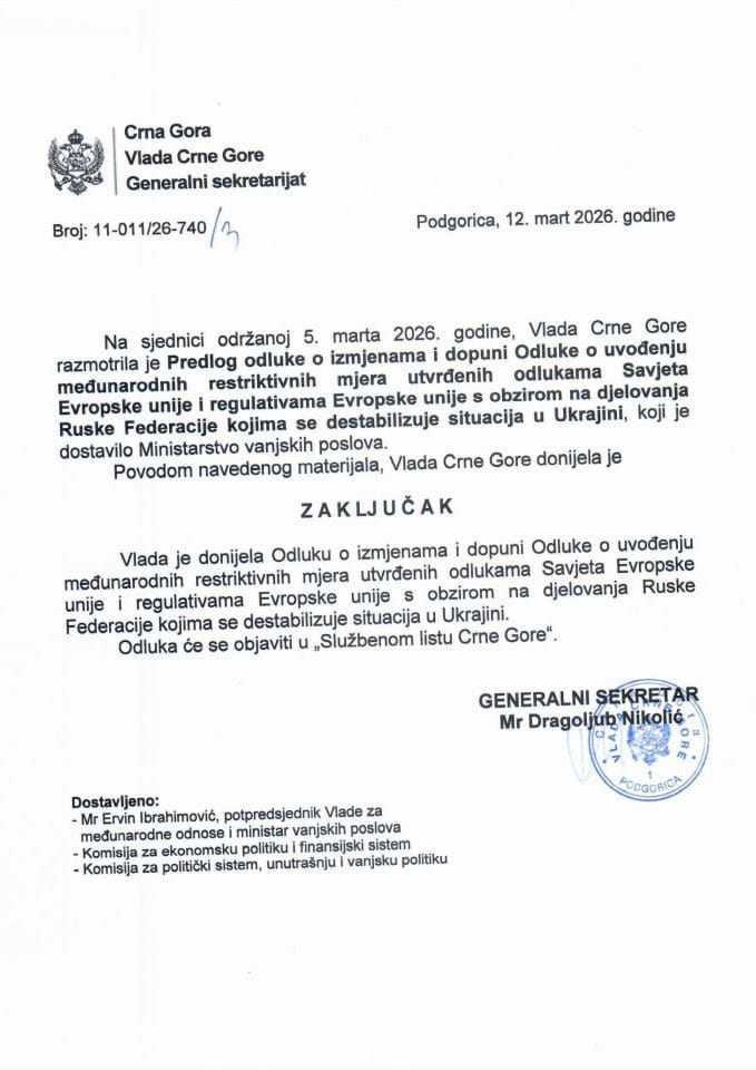 Predlog odluke o izmjenama i dopuni Odluke o uvođenju međunarodnih restriktivnih mjera utvrđenih odlukama Savjeta Evropske unije i regulativama EU s obzirom na djelovanja Ruske Federacije kojima se destabilizuje situacija u Ukrajini - zaključci