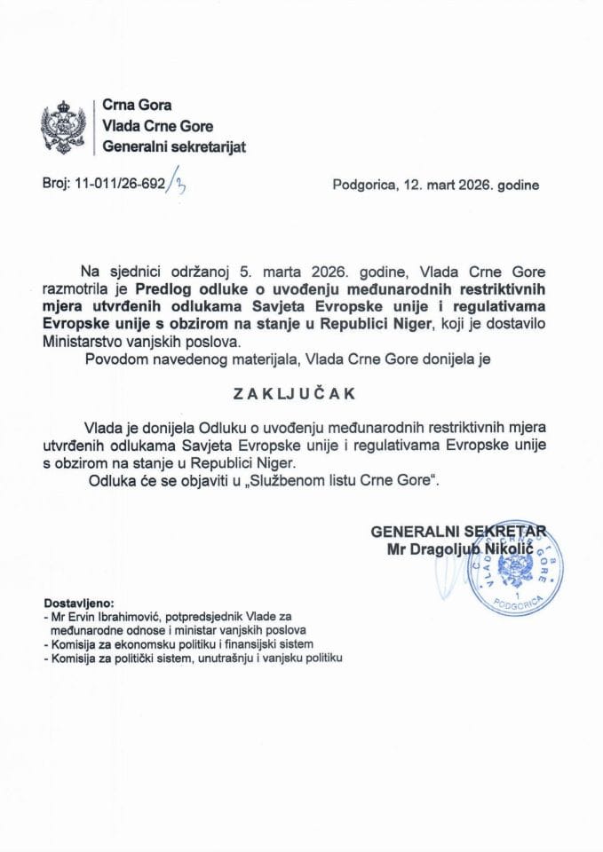 Predlog odluke o uvođenju međunarodnih restriktivnih mjera utvrđenih odlukama Savjeta Evropske unije i regulativama Evropske unije s obzirom na stanje u Republici Niger - zaključci