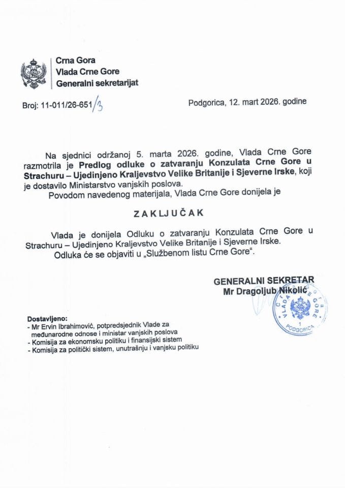 Predlog odluke o zatvaranju Konzulata Crne Gore u Strachuru – Ujedinjeno Kraljevstvo Velike Britanije i Sjeverne Irske - zaključci
