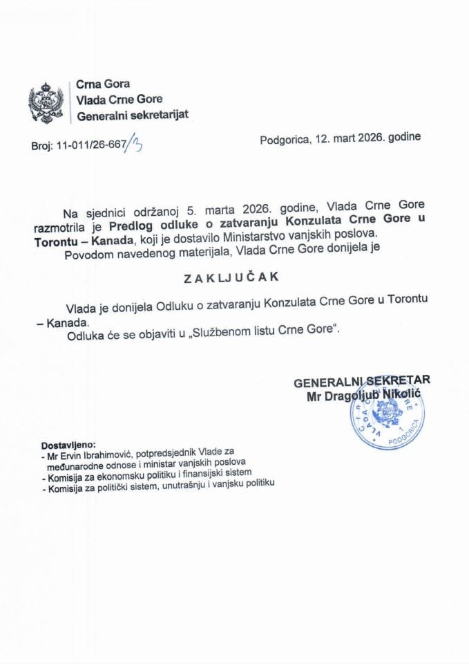 Predlog odluke o zatvaranju Konzulata Crne Gore u Torontu – Kanada - zaključci