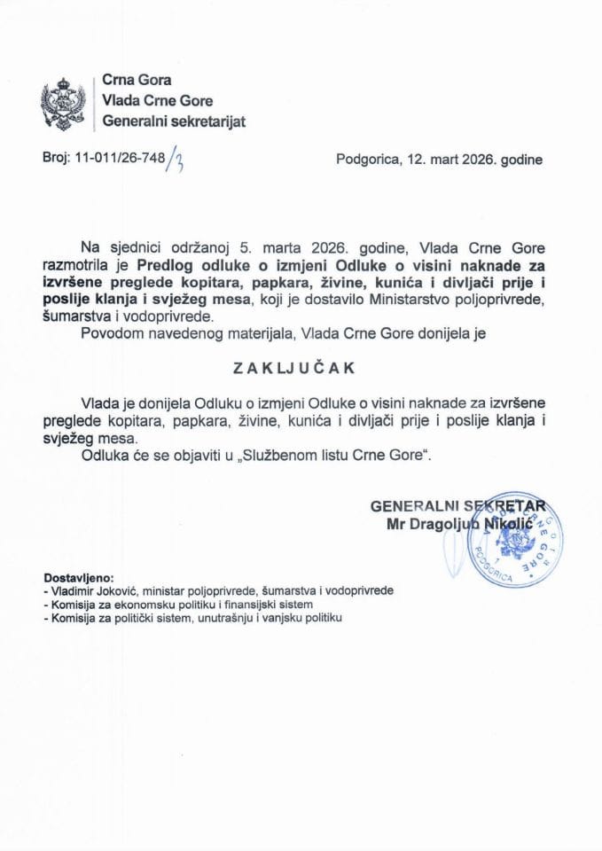 Predlog odluke o izmjeni Odluke o visini naknade za izvršene preglede kopitara, papkara, živine, kunića i divljači prije i poslije klanja i svježeg mesa - zaključci