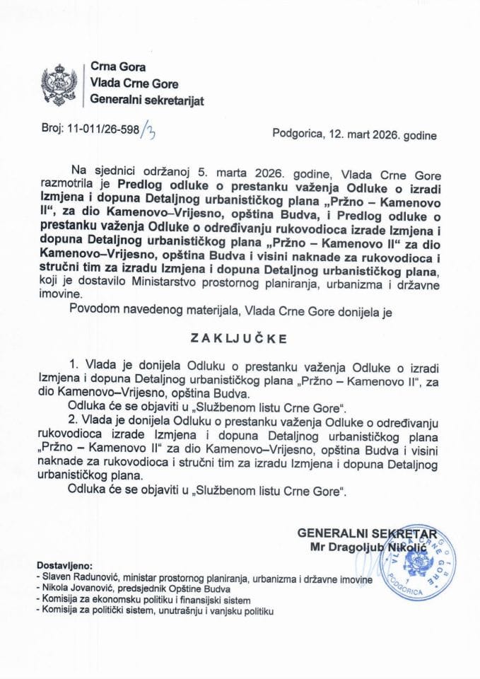 Predlog odluke o prestanku važenja Odluke o izradi Izmjena i dopuna Detaljnog urbanističkog plana „Pržno-Kamenovo II“, za dio Kamenovo-Vrijesno, opština Budva - zaključci