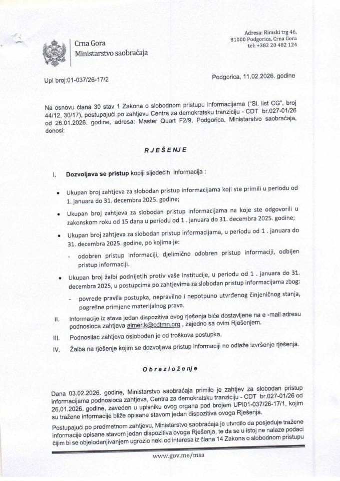 Rješenje  UPI 01-037-26-17-2 od 11.02.2026. godine