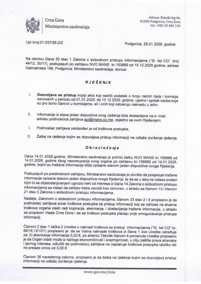 Rješenje UPI 01-037-26-2-2 od 28.01.2026. godine