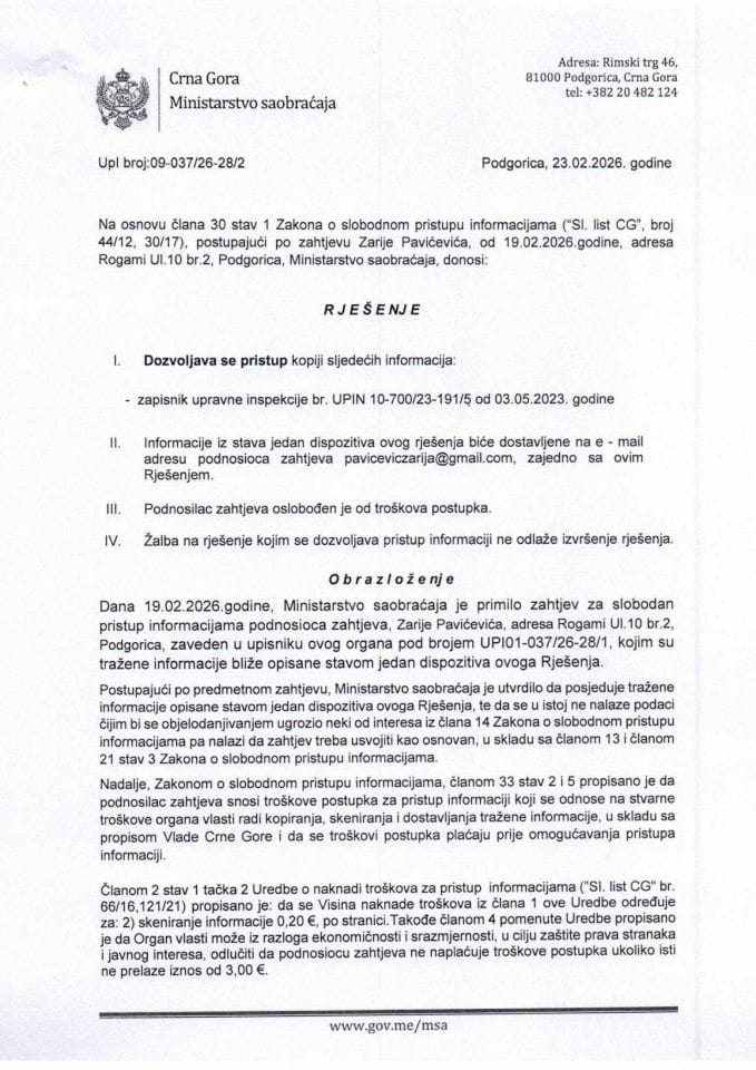 Rješenje UPI 09-037-26-28-2 od 23.02.2026. godine