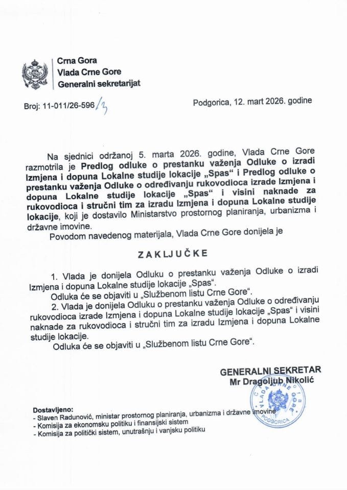 Predlog odluke o prestanku važenja Odluke o izradi Izmjena i dopuna Lokalne studije lokacije „Spas“ i Predlog odluke o prestanku važenja Odluke o određivanju rukovodioca izrade Izmjena i dopuna Lokalne studije lokacije „Spas“ - zaključci