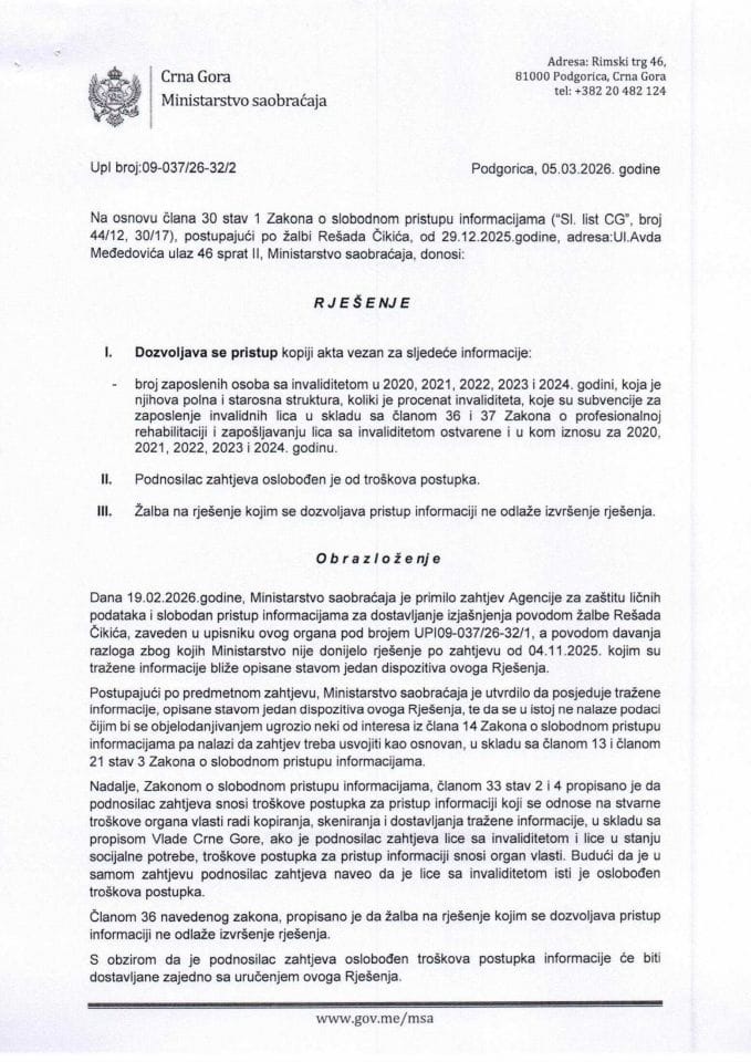 Rjesenje UPI 09-037-26-32-2 od 05.03.2026. godine