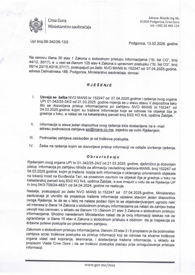 Rješenje UPI 09-342-26-13-2 od 13.02.2026. godine