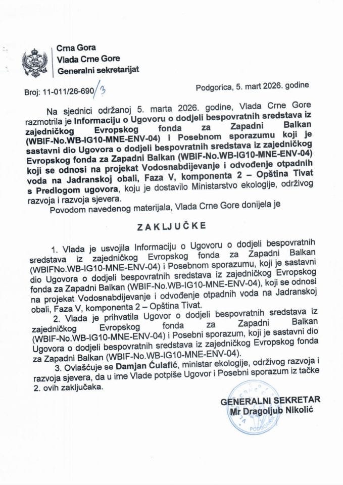 Informacija o Ugovoru o dodjeli bespovratnih sredstava iz zajedničkog Evropskog fonda za Zapadni Balkan (WBIF-No.WB-IG10-MNE-ENV-04) - zaključci