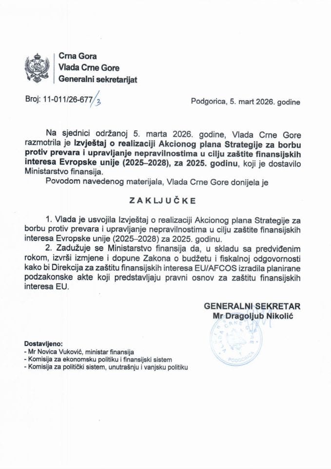Izvještaj o realizaciji Akcionog plana Strategije za borbu protiv prevara i upravljanje nepravilnostima u cilju zaštite finansijskih interesa Evropske unije (2025 – 2028), za 2025. godinu - zaključci